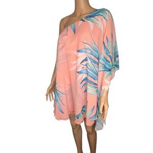 Women's‎ One Shoulder Tropical Leaf Print Cover Up Beach Dress Tunic